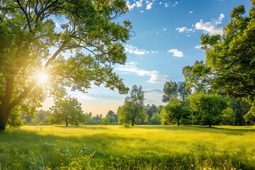 summer landscape with meadow, trees and sun in the sky