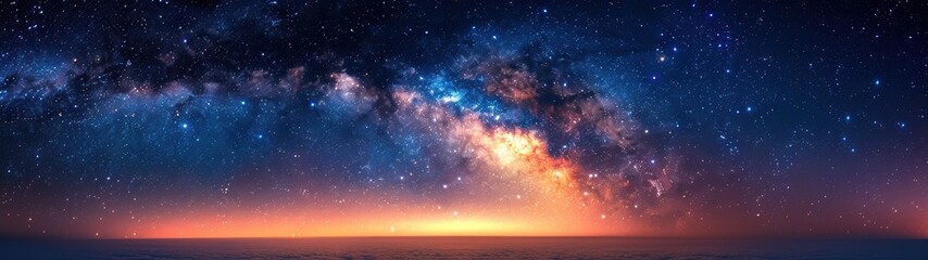 Naklejka premium Stunning panoramic view of the Milky Way galaxy over a glowing horizon, capturing the beauty of the night sky filled with stars.