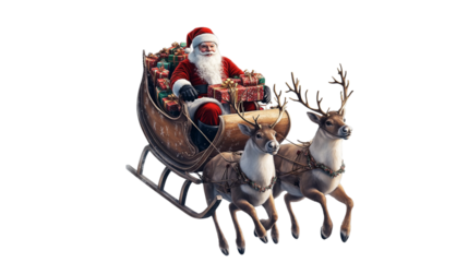A santa with a sleigh full of presents and two reindeer pulling it