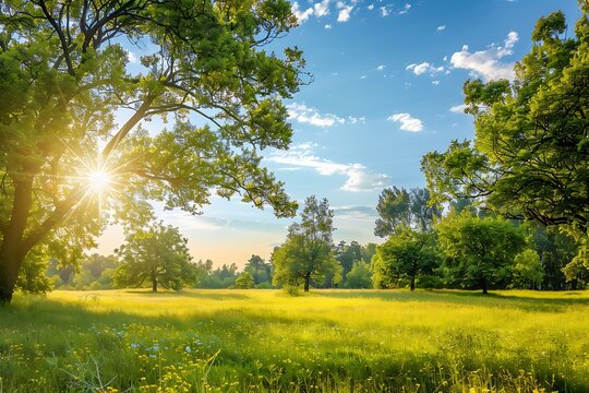 summer landscape with meadow, trees and sun in the sky