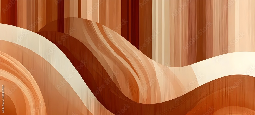 Poster an abstract composition featuring flowing waves and vertical lines in warm shades of orange and brow