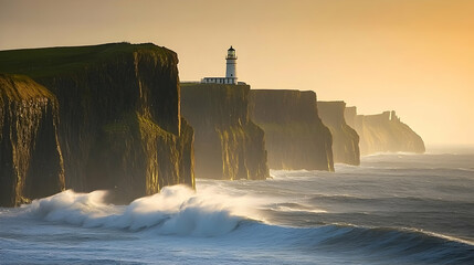 A lighthouse stands on a dramatic cliff overlooking a stormy sea at sunset.