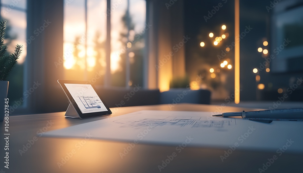 Poster a serene workspace featuring a tablet on a desk with sketches, illuminated by warm sunset light thro