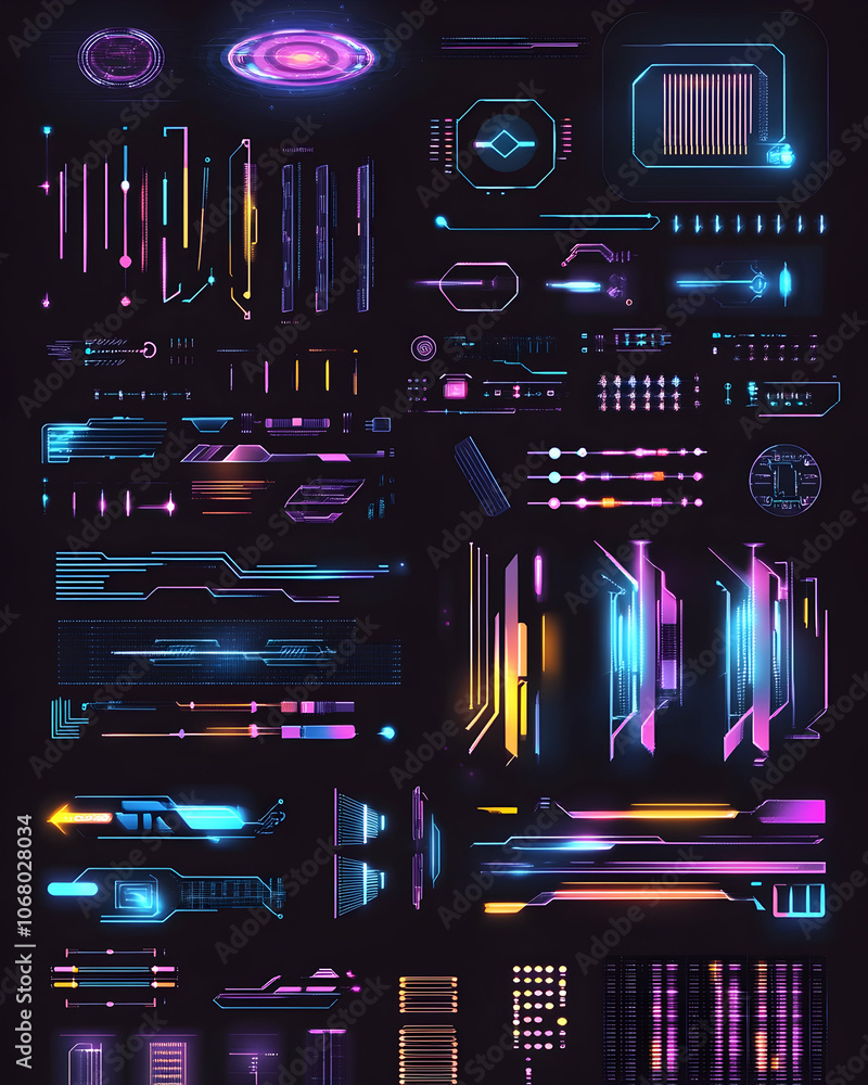 Poster a set of futuristic neon ui elements for digital design projects.