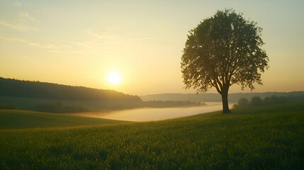 Obraz premium A single tree stands tall on a green field as the sun rises over a distant valley, creating a peaceful and serene atmosphere.