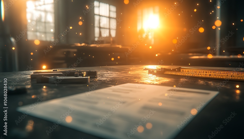 Poster A warm, sunlit scene with a table featuring scattered documents and tools, casting a soft glow that enhances the atmosphere of creativity and reflection.