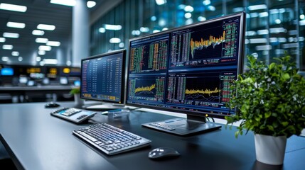 Modern Office Workspace with Stock Market Monitors
