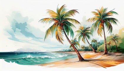 Obraz premium Illustration of beach coconut trees blowing in the breeze, on a white background, capturing the essence of summer relaxation