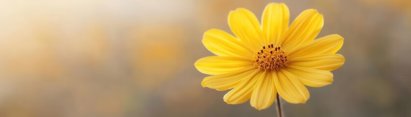 Obraz premium A vibrant yellow flower blooms against a soft, blurred background, radiating warmth and beauty with its delicate petals and inviting appearance.
