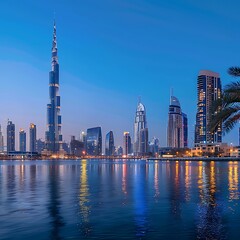 Obraz premium downtown skyscrapers with reflection in river at sunset
