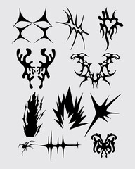 Naklejka premium Abstract fire flame sigilism tribal symbol clip art acid y2k brutalist streetwear design collection vector ink tattoo isolated editable