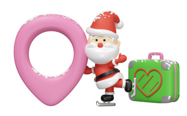 3d Santa Claus playing ice skating with suitcase, pin isolated. merry christmas and festive new year holiday travel concept, 3d illustration render