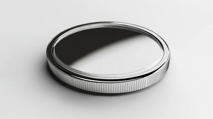 Minimalist metallic coin in 3D, viewed from above with a polished silver surface, on a white background.