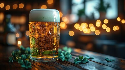 Cold fresh green beer in a glass on a wooden table, with golden lights in the background, perfect for Oktoberfest or St. Patrick's Day.