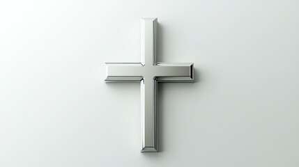 Naklejka premium Minimalist silver cross with chrome finish, rendered in 3D, top view on a white background.