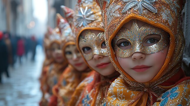 Fototapeta Colorful children in masks and costumes parade through the streets for the traditional Venetian carnival, creating a festive and lively scene.