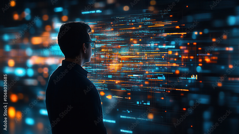 Poster businessperson examines digital display filled with data and graphics, showcasing technology and inn