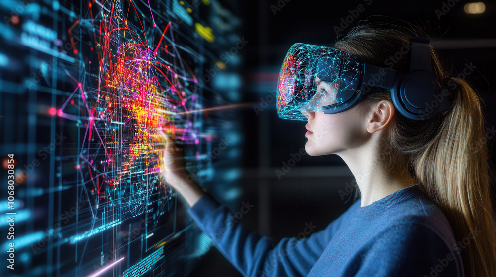 Poster creative enthusiast explores digital display with virtual reality technology, interacting with vibra
