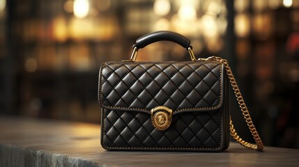 High-end women’s handbag, quilted leather with gold chain, stylish urban background