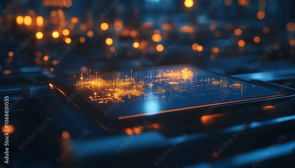 Poster A glowing microchip illuminated in blue and orange hues, set against a backdrop of intricate circuitry.