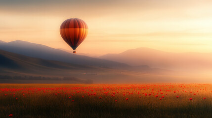 Fototapeta premium hot air balloon floats over vibrant field of poppy flowers at sunset, creating serene and picturesque landscape. warm colors evoke sense of tranquility and beauty