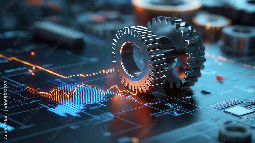 Poster network of gears symbolizing economy with data visualization elements, showcasing connection between