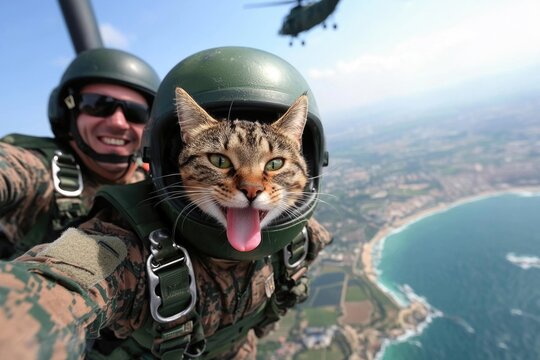 Aerial adventure: comical cat with a parachute, capturing the whimsical charm of a feline , blending humor with the thrill of airborne escapades in a playful and entertaining scene.