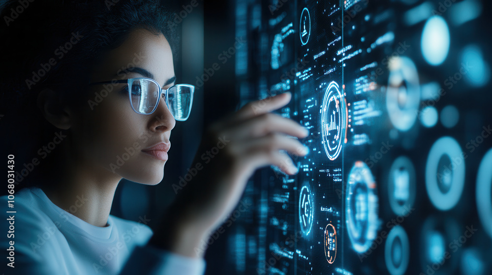 Aufkleber person in glasses interacts with futuristic digital interface, showcasing advanced technology and da