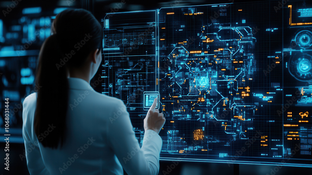 Poster person in futuristic office setting interacts with digital interfaces, showcasing advanced technolog