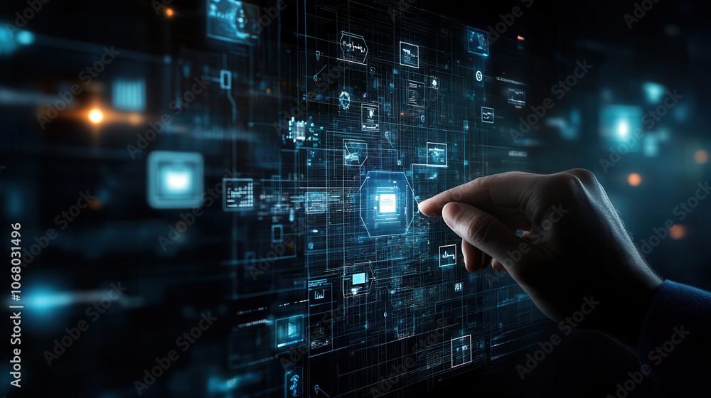 Poster person interacts with futuristic digital interface, showcasing advanced technology and data visualiz