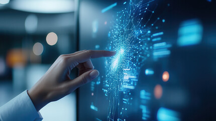 person interacts with digital interface in modern office environment, showcasing technology and innovation. atmosphere is dynamic and engaging