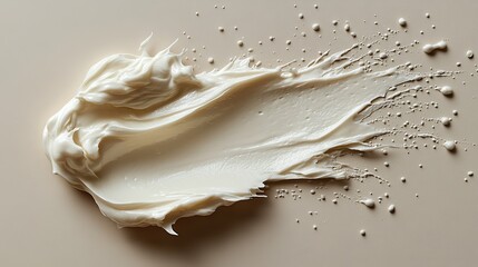 Creamy cosmetic swatch, isolated on beige, showcasing moisturizing lotion or face cream texture for hands or body.