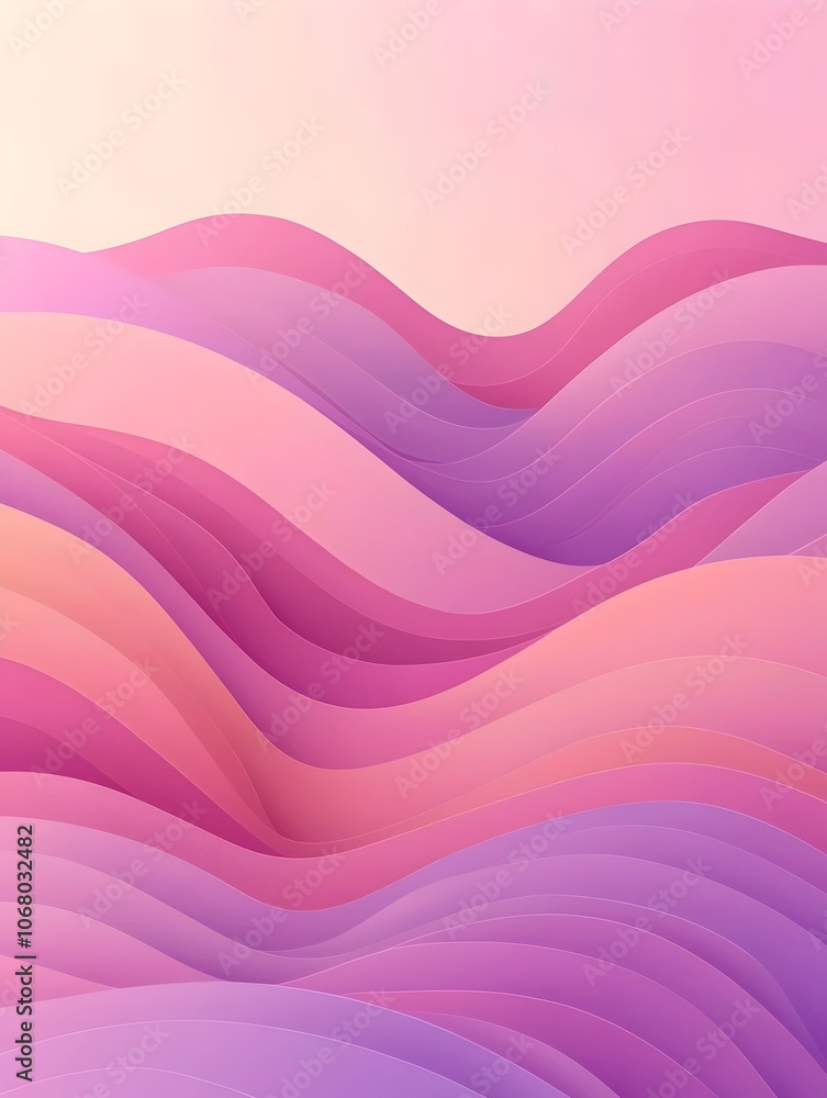 Poster an abstract representation of flowing waves in gradients of pink and purple, creating a serene and d