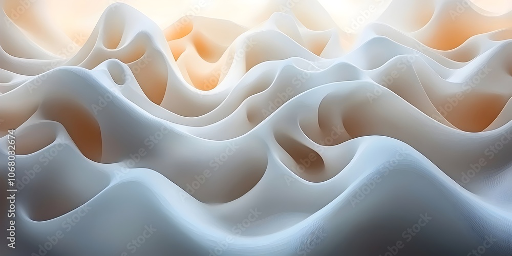 Poster an abstract landscape featuring soft, flowing waves in shades of white and light beige, creating a s