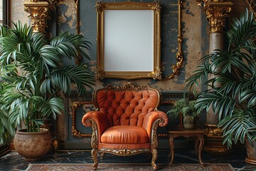 Obraz premium A luxurious room featuring an ornate orange chair, plants, and a decorative wall.