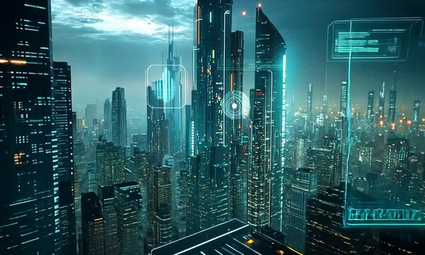 Futuristic Cityscape with glowing neon lights and a central network core