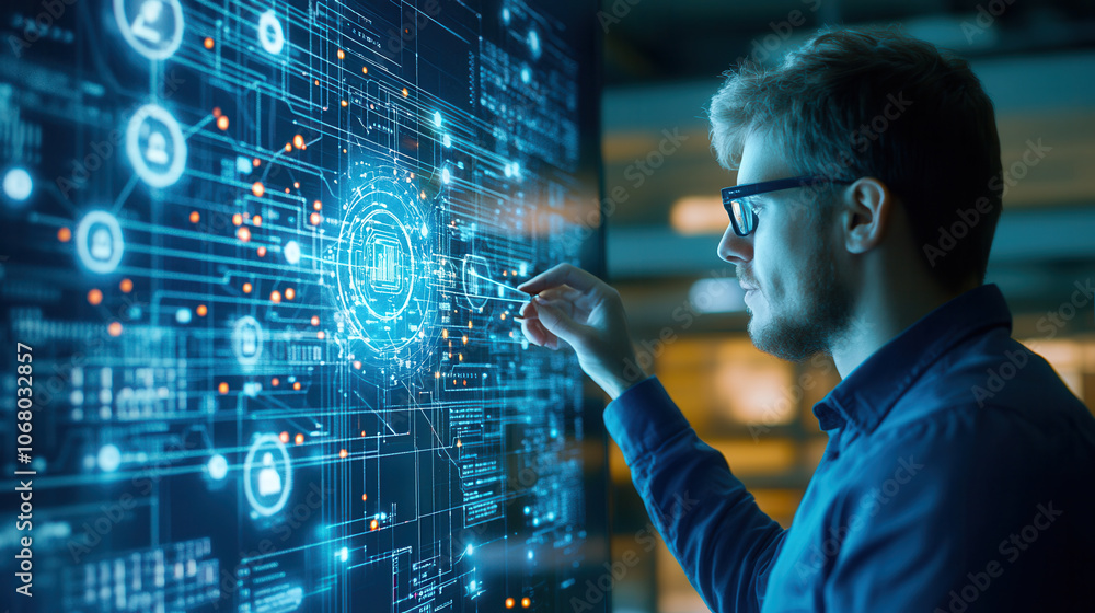 Poster engaged in technology, man interacts with digital display showcasing data visualization and futurist