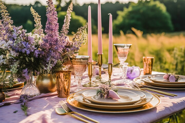 Wedding tablescape, elegant formal dinner table setting, table scape with lavender decoration for holiday party event celebration, post-processed, generative ai