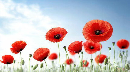 Fototapeta premium Vibrant field of red poppy flowers swaying gently in breeze, creating picturesque scene under clear blue sky