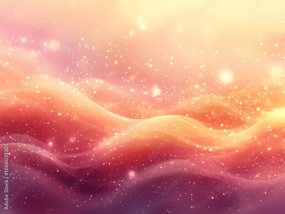 Poster a mesmerizing abstract background featuring soft waves of warm colors, with shimmering particles tha