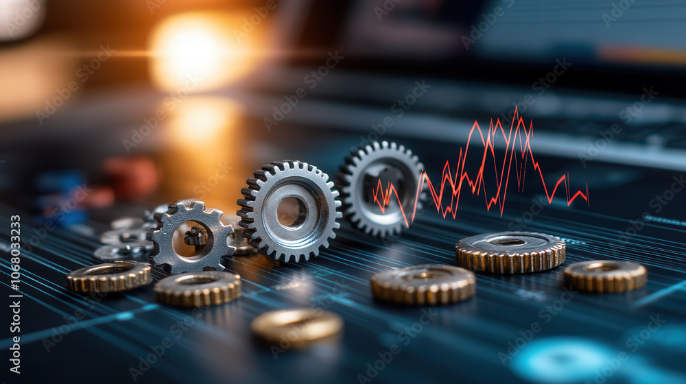 Poster image showcases complex gear system in motion, symbolizing economic dynamics and technological advan