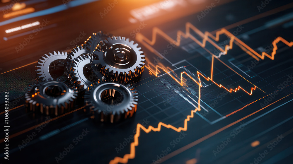 Poster complex gear system in motion representing economic growth and data analysis. interplay of gears and