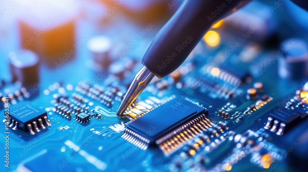 Poster in close up view, technician uses probe on circuit board, showcasing intricate electronic components