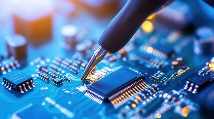 Obraz premium In close up view, technician uses probe on circuit board, showcasing intricate electronic components and connections. scene highlights precision and technical skill in electronics repair