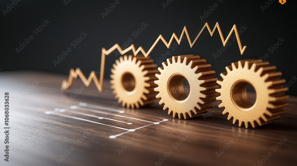 Poster interconnected gears symbolizing economic growth and progress, with rising graph line representing s