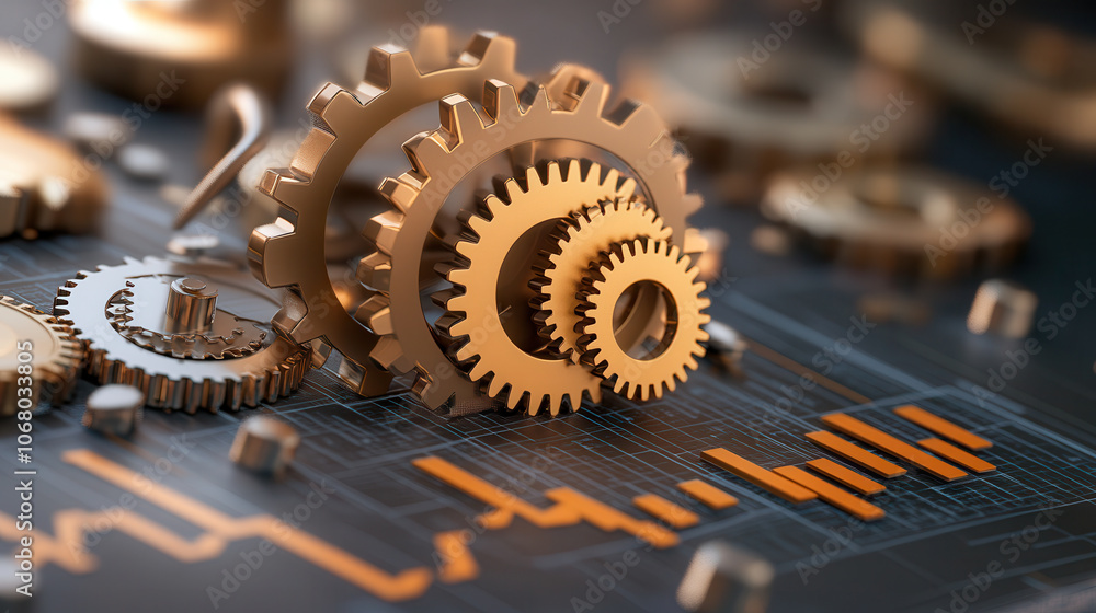 Poster intricate gearwork representing economy with metallic gears and graphs. image showcases connection b