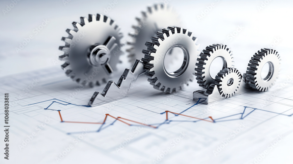 Poster intricate gearwork representing economy with graphs and data analysis. gears symbolize industry and 