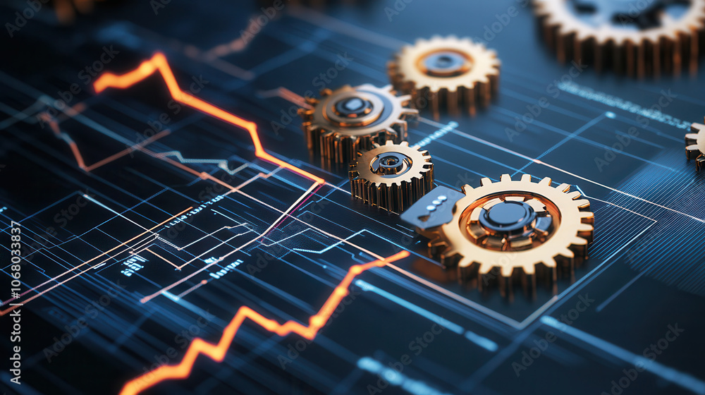 Aufkleber intricate gearwork symbolizing economic machinery with data graphs. image showcases blend of technol