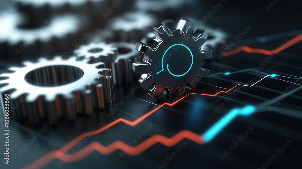 Poster Mechanical gears in motion symbolize progress and innovation, showcasing intricate designs and dynamic relationship with data analysis and growth trends