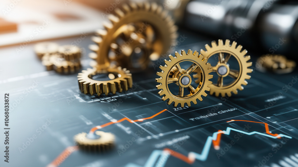 Poster mechanical gears in motion symbolize innovation and progress, set against backdrop of financial grap